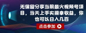 无保留分享当前最火视频号项目，当天上手实操拿收益，你也可以日入几百-KJ分享