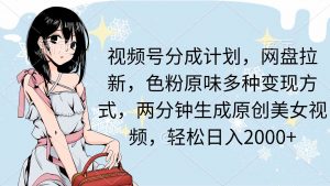 视频号分成计划，网盘拉新，色粉原味多种变现方式，两分钟生成原创美女…-KJ分享