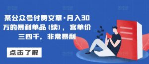 某公众号付费文章·月入30万的暴利单品(续)，客单价三四千，非常暴利-KJ分享