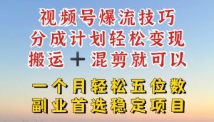 视频号爆流技巧,分成计划轻松变现,搬运 +混剪就可以,一个月轻松五位数稳定项目-KJ分享