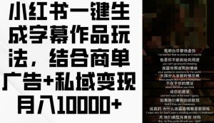 小红书一键生成字幕作品玩法，结合商单广告+私域变现月入1w+-KJ分享