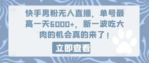 快手男粉无人直播，单号最高一天6000+，新一波吃大肉的机会真的来了-KJ分享
