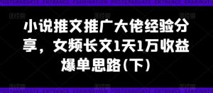小说推文推广大佬经验分享,女频长文1天1万收益爆单思路(下)-KJ分享