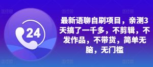 最新语聊自刷项目，亲测3天搞了一千多，不剪辑，不发作品，不带货，简单无脑，无门槛-KJ分享