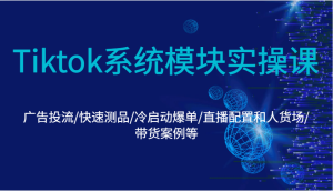 Tiktok系统模块实操课:广告投流/快速测品/冷启动爆单/直播配置和人货场/带货案例等-KJ分享