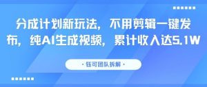 分成计划新玩法，不用剪辑一键发布，纯AI生成视频，累计收入达5.1W-KJ分享