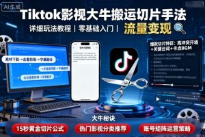 Tiktok影视大牛搬运切片手法，详细玩法教程-KJ分享