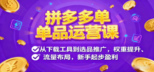 拼多多单品运营课,从下载工具到选品推广,权重提升、流量布局,新手起步盈利-KJ分享