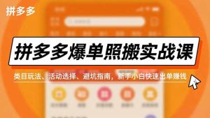 拼多多爆单照搬实战课,类目玩法、活动选择、避坑指南,新手小白快速出单赚钱-KJ分享