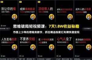 思维破局短视频课:7天1.8W收益秘籍:市面上少有的思维类教学,抓住精选独家红利期快速变现-KJ分享