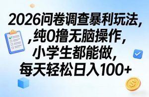 2026问卷调查暴利玩法，纯0撸无脑操作，小学生都能做，每天轻松日入100+【揭秘】-KJ分享