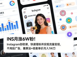 INS月涨6W粉！Instagram创收课，快速增粉并实现流量变现，不用用投广告，靠算法+低客单价月入1W刀-KJ分享