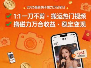 2026年最新快手磁力万合项目，1比1一刀不剪搬运热门视频，撸磁力万合收益-KJ分享