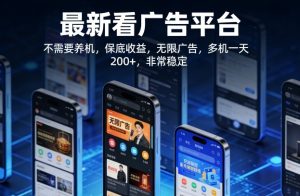 最新看广告平台，不需要养机，保底收益，无限广告，多机一天200+，非常稳定【揭秘】-KJ分享