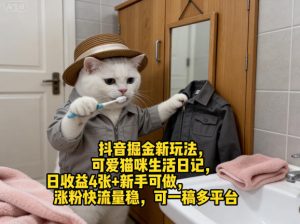 抖音掘金新玩法，可爱猫咪生活日记，日收益4张+新手可做，涨粉快流量稳，可一稿多平台-KJ分享