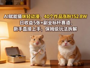 AI赋能猫咪轻动漫，40个作品涨粉152.8W，日收益5张+副业标杆赛道，新手直接上手，保姆级玩法拆解-KJ分享