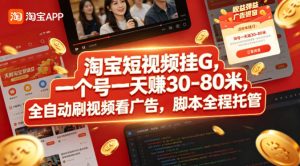 淘宝短视频挂G，一个号一天 賺30-80米，全自动刷视频看广告，脚本全程托管【揭秘】-KJ分享