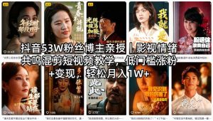 抖音53W粉丝博主亲授｜影视情绪共鸣混剪短视频教学，低门槛涨粉+变现，轻松月入1W+-KJ分享