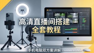 高清直播间搭建全套教程,手机电脑双方案讲解,设备选型调试多机位实操教学-KJ分享