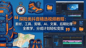 探险类抖音精选视频教程:素材、工具、剪辑、AI、文案、后期处理全教学,分成计划轻松变现-KJ分享