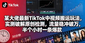 某大佬最新TikTok中视频搬运玩法，实测破解原创检测，流量稳冲破万，半个小时一条爆款-KJ分享