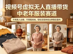 视频号虚拟无人直播带货中老年服装赛道,不用真人出镜、不用租场地,轻松实现持续出单稳定盈利-KJ分享