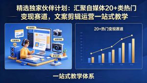 精选独家伙伴计划：汇聚自媒体20+类热门变现赛道，文案剪辑运营一站式教学-KJ分享