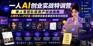 一人AI创业实战特训营,单人零团队轻资产创业指南,AI数字人+IP打造+短视频流量全套路落地变现教程-KJ分享