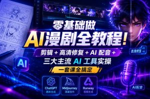 零基础做AI漫剧全教程!剪辑+高清修复+AI配音+三大主流AI工具实操,一套课全搞定-KJ分享