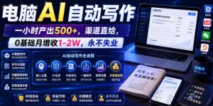 电脑AI自动写作，一小时产出500+，渠道直给，0基础月增收1-2W，永不失业【揭秘】-KJ分享