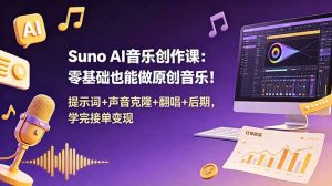 Suno AI音乐创作课:零基础也能做原创音乐!提示词+声音克隆+翻唱+后期,学完接单变现-KJ分享