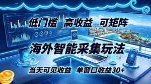 海外智能采集玩法，低门槛高单价可矩阵，当天可见收益，单窗口30+-KJ分享