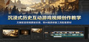 沉浸式历史互动游戏视频创作教学：文案配音剪辑蒙版实操，附AI画质修复工具配套素材-KJ分享