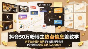 抖音50万粉博主热点信息差教学:多平台分发抖音快手B站视频号微博,1个视频多份收益月入20000+-KJ分享