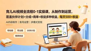 育儿AI视频全流程0-1实操课,从制作到运营,覆盖伙伴计划+分成+商单+收徒多种收益,每天500+收益-KJ分享