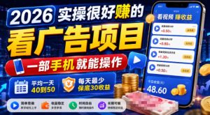 2026实操很好賺的看广告项目，一部手机就能操作，平均一天40到50，每天最少保底30收益【揭秘】-KJ分享