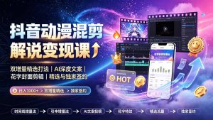 抖音动漫混剪解说变现课：双增量精选打法｜AI深度文案｜花字封面剪辑｜ 精选与独家签约日入1000+-KJ分享