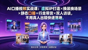 AI口播视频实战课:虚拟IP打造×换装换场景×静态口播×行走带货×双人访谈,不用真人出镜快速落地-KJ分享