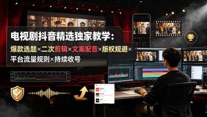电视剧抖音精选独家教学：爆款选题×二次剪辑×文案配音×版权规避×平台流量规则×持续收益账号-KJ分享
