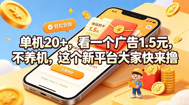 单机20+，看一个广告1.5米，不养机，这个新平台大家快来撸【揭秘】-KJ分享