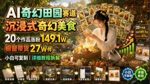 AI奇幻田园赛道，沉浸式奇幻美食，20个作品涨粉149.1W，橱窗带货27W件，小白可复制，详细教程拆解-KJ分享