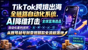 TikTok跨境出海全链路自动化系统，AI降维打击全球蓝海选品自动化套利闭环，从账号起号到变现回款全流程落地(2026年7月)-KJ分享