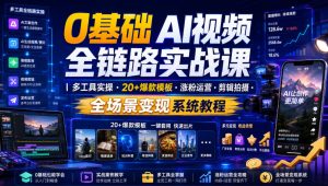 0基础AI视频全链路实战课｜多工具实操・20+爆款模板・涨粉运营・剪辑拍摄・全场景变现系统教程-KJ分享