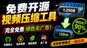 Github开源视频压缩瘦身工具,轻松压缩90%,并保持画质清晰,完全免费绿色无广告!VideoSlim-KJ分享