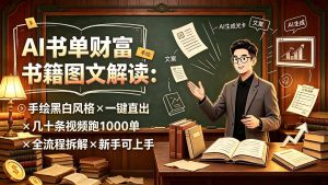 AI书单财富书籍图文解读：手绘黑白风格×一键直出×几十条视频跑1000单×全流程拆解×新手可上手-KJ分享