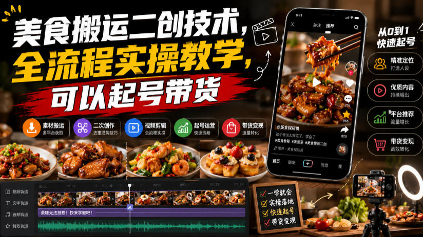 美食搬运二创技术，全流程实操教学，可以起号带货-KJ分享