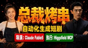 Claude Fable5担任导演+Higgsfield MCP落地执行|《总裁烤串》真人质感短剧全自动AI生成全流程教学-KJ分享