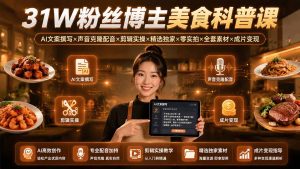 31W粉丝博主美食科普课：AI文案撰写×声音克隆配音×剪辑实操×精选独家×零实拍×全套素材×成片变现-KJ分享