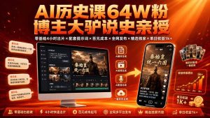 AI历史课64W粉博主大驴说史亲授：零基础4小时出片×配套提示词×百元成本×全网发布×精选独家×单日收益1k+-KJ分享