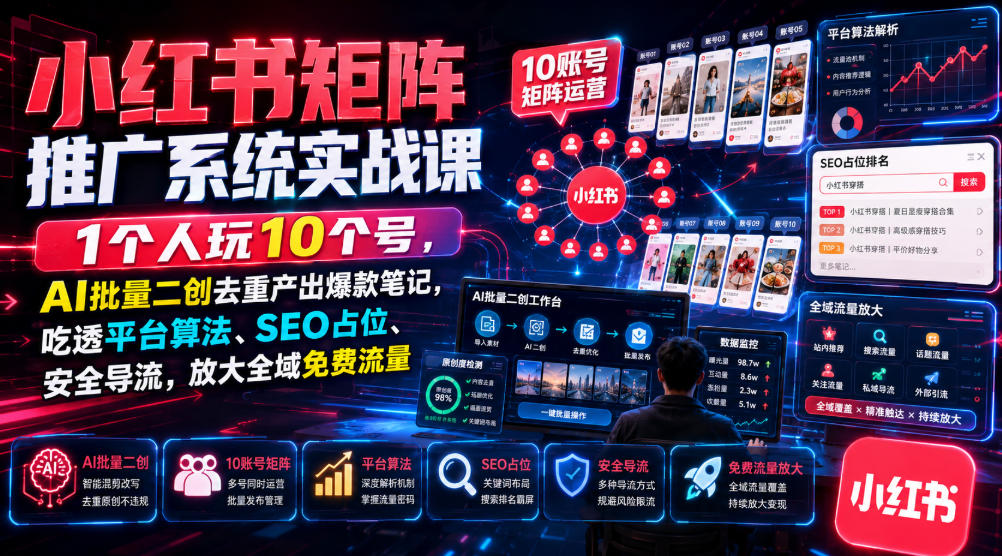 小红书矩阵推广系统实战课｜1个人玩10个号，AI批量二创去重产出爆款笔记，吃透平台算法、SEO占位、安全导流，放大全域免费流量-KJ分享